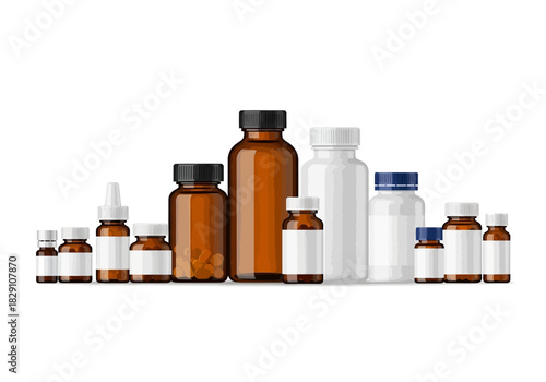 Assorted Medicine Bottles: Amber and White Plastic Containers with Blank Labels