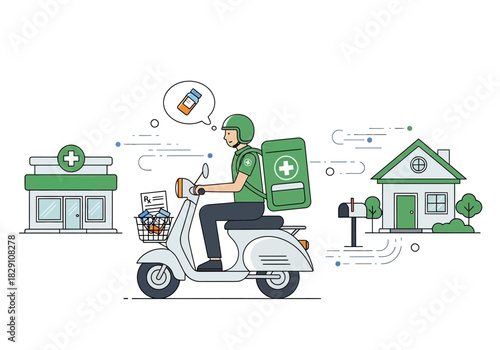Medicine Delivery: Courier on Scooter with Pharmacy and House