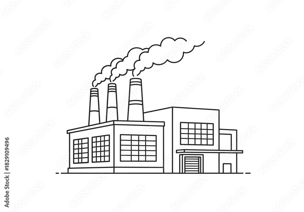 Obraz premium Industrial Factory Outline with Smoke Stacks and Grid Windows, Minimalist Design