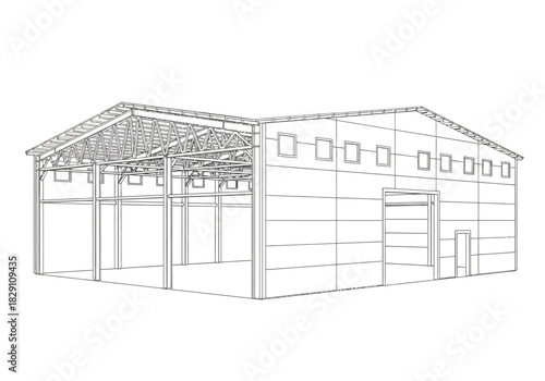 Architectural Line Drawing of a Large Industrial Building