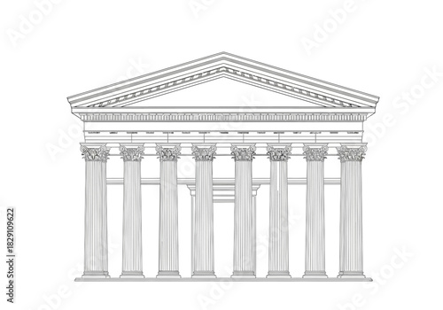 Line Drawing of a Classical Greek Temple Facade with Columns