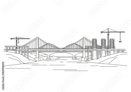 Outline Illustration of a Bridge and Construction Site