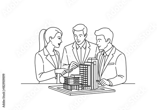 Architects Reviewing Building Model Blueprint in Line Art Style