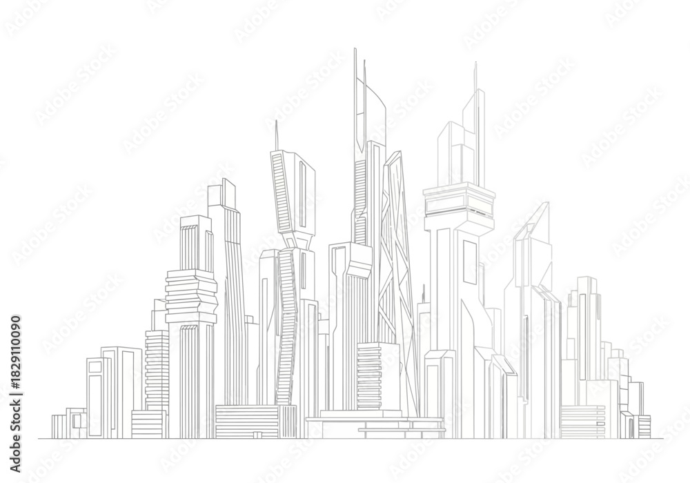Naklejka premium Futuristic Cityscape Outline with Modern Architectural Design
