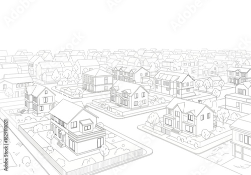 Architectural Drawing of a Suburban Neighborhood with Detached Houses and Trees