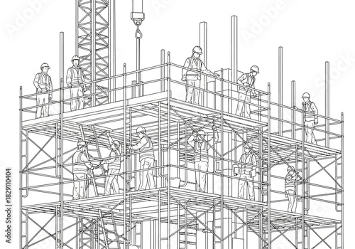 Construction Workers on Scaffolding Outline Illustration