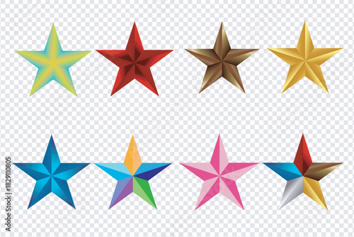 Colorful 3D Star Icon Set – Multicolor Five-Point Star Vector Collection on Transparent Background