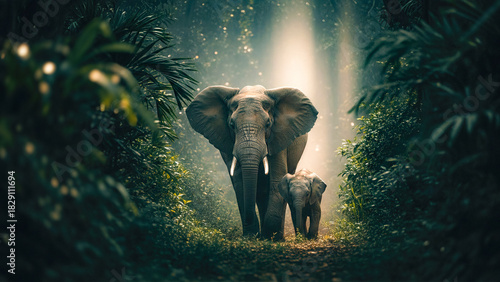 Mother Elephant and Calf in Jungle Light