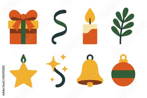 Geometric Holiday Icons. Cozy Holidays in geometric flat style bow on gift, ribbon strand, candle flame, pine sprig, star ornament, sparkling trail, bell, ornament ball