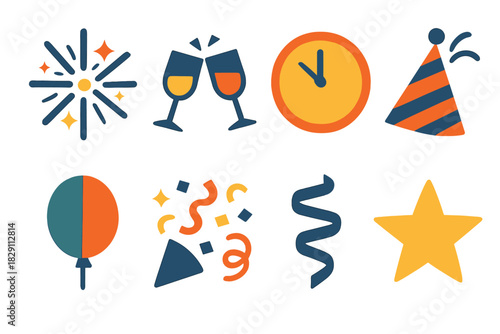Festive Celebration Icons. Celebration Joy in geometric flat style fireworks burst, clinking glasses, clock at midnight, party hat, balloon, confetti, ribbon curl, star