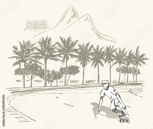 Freehand, unadorned illustration of a skateboarder in a landscape of Rio de Janeiro, Brazil.