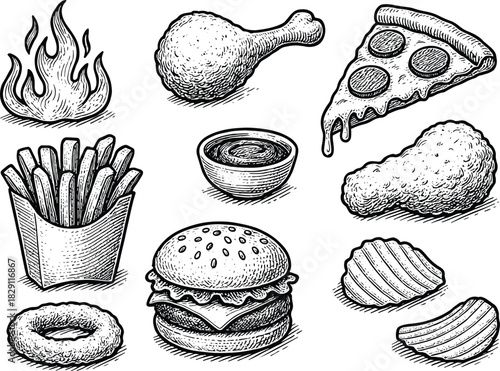 Hand-drawn fast food illustration set with burger, pizza, fries and snacks