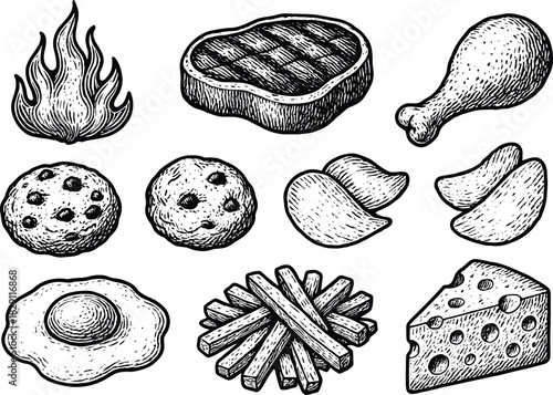 Hand-drawn food illustration set with steak, chicken leg, cookies and snacks