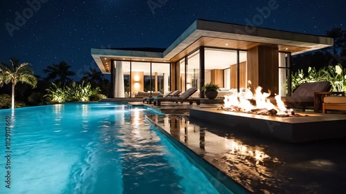Modern luxury residence exterior with swimming pool and fire pit at night
