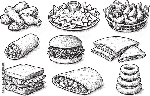 Vintage hand-drawn fast food illustration set featuring burgers, wraps, nachos, spring rolls, fried chicken and onion rings in sketch style