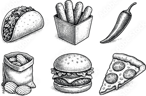 Vintage hand-drawn fast food illustration set with taco, fries, chili pepper, chips bag, burger and cheesy pizza slice