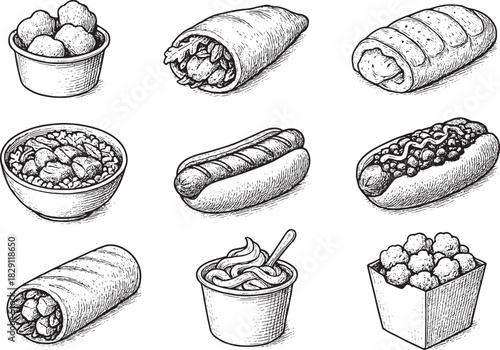 Vintage hand-drawn fast food illustration set featuring wraps, hotdogs, snack bowls, fried bites, rolls and creamy cup treats in sketch style