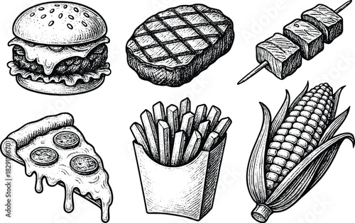 Vintage hand-drawn food illustration set featuring burger, grilled steak, meat skewer, pizza slice, french fries and fresh corn