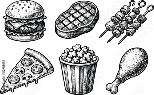 Vintage hand-drawn food illustration set featuring burger, steak, meat skewers, pizza slice, popcorn bucket and chicken drumstick