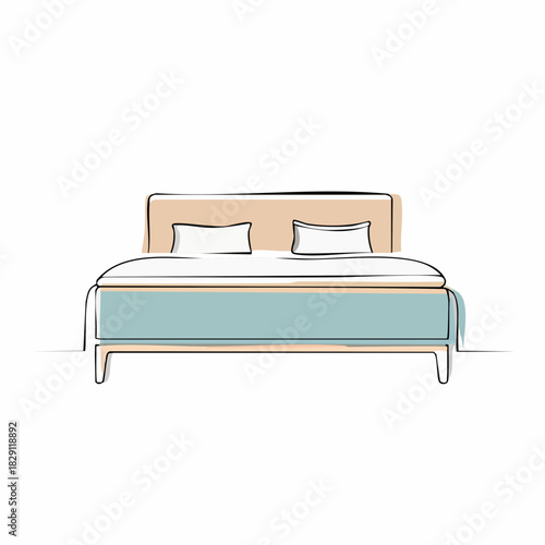 Continuous one line drawing of double bed in bedroom. Modern interior and heim furniture in simple Linear style.