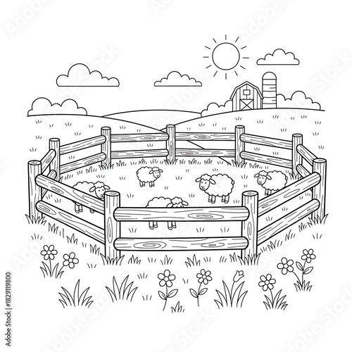 Farm scene with sheep in a pen barn silo sun clouds and flowers