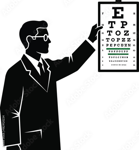 Ophthalmologist doctor examining patient vision eye chart optometry medical checkup professional silhouette vector