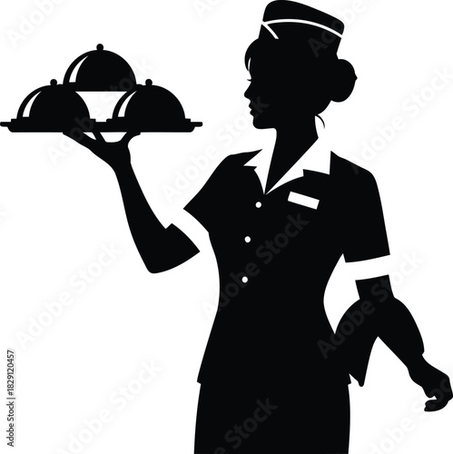Elegant waitress silhouette serving food under cloches hotel restaurant service vintage style vector