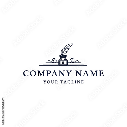 Vintage quill pen and inkwell logo design template.