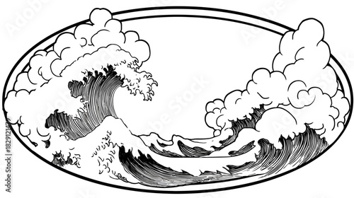 Stylized ocean waves illustration in a classic black and white woodcut style, featuring large breaking waves within an oval frame.