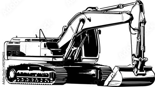 Detailed black and white vector illustration of a powerful excavator, a heavy machinery construction vehicle for digging and earthmoving.