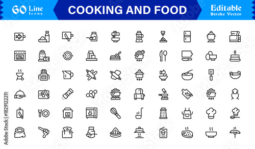 Cooking And Food Line Icon Set – Professional Minimal Kitchen Symbols, Modern Restaurant And Grocery Line Icon Collection