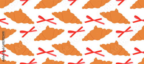 Croissants and red bows seamless pattern. Cute croissant pattern with red decorative bows on white background
