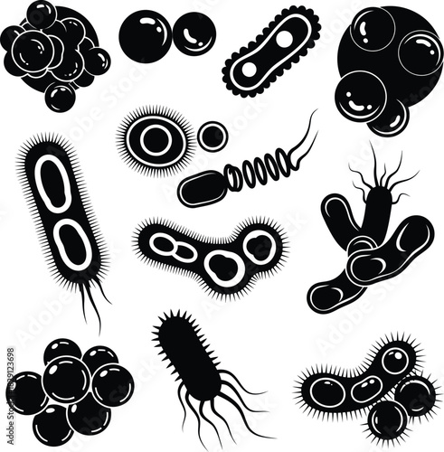 Microscopic bacteria shapes scientific illustrations vector set diverse microbe organism forms vector