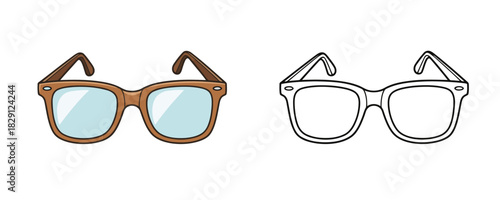 Vector illustration featuring a pair of classic eyeglasses with thick brown frames and light blue lenses and a black outline drawing of the same pair