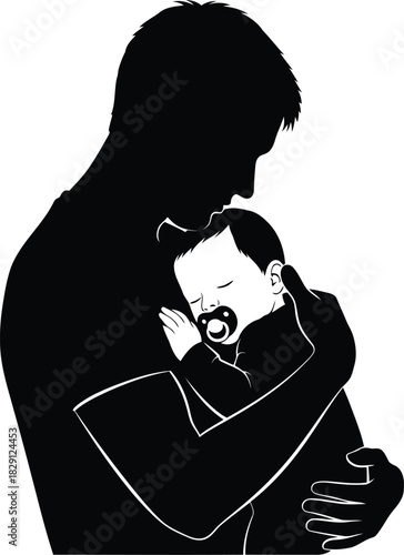 Father embracing newborn baby tenderly silhouette artistic illustration loving parent child bond vector