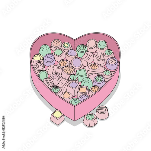 Illustration of a pink heart-shaped chocolate box filled with assorted colorful sweets on a white background with a few chocolates spilling out.