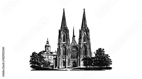 Vintage engraving of a grand gothic cathedral, a historic religious building with twin spires and intricate architectural details.