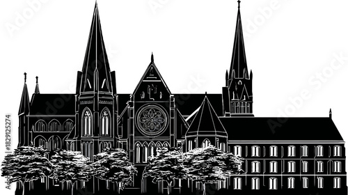 Detailed Gothic cathedral silhouette vector illustration. Historic church building architecture line art drawing on white background.
