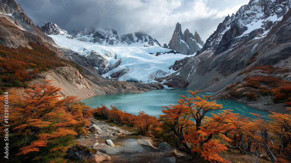 Obraz premium Majestic glacier meeting a turquoise lake in autumn colors, featuring mountains, reflections, and serene wilderness. Perfect for travel, nature, climate, and landscape themes.