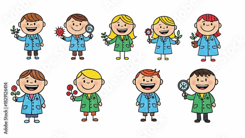 Happy Diverse Young Scientists and Botanists Set with Science Tools