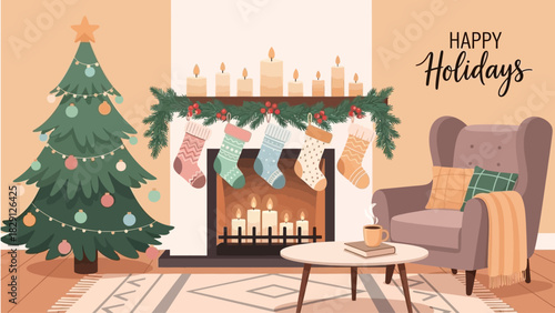 Cozy holiday scene with Christmas tree, stockings on mantel, fireplace, armchair and coffee cup, perfect for festive greetings and family celebrations