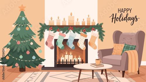 Cozy holiday scene with Christmas tree, stockings on mantel, fireplace, armchair and coffee cup, perfect for festive greetings and family celebrations