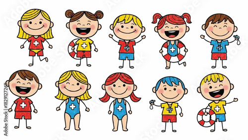 Diverse Group of Happy Cartoon Children Ready for Summer Water Fun and Swimming