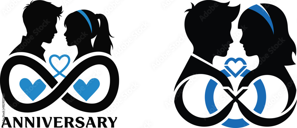 Fototapeta premium Couple Silhouettes with Infinity Symbol and Hearts love romance