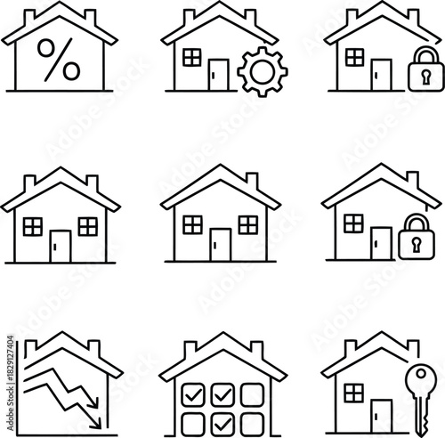 Real estate property icons: house mortgage, management, security, buying & selling vector