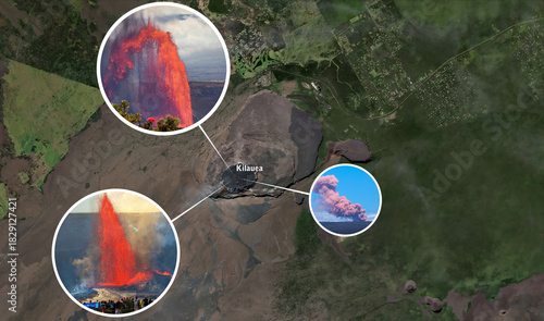 Tableau sur toile illustration of a space photo of Hawaii's Kilauea volcano with a photo of a lava eruption