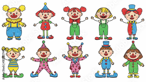 Collection of Cute Cartoon Circus Clowns Characters Isolated on White Background