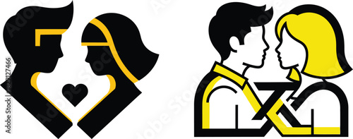 Couple Silhouettes with Heart and Intertwined Yellow Lines love romance