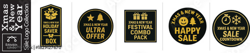 Boost your brand with Christmas and New Year's sale logo collection offering holiday saver box, ultra offer, festival combo pack and happy sale options.
