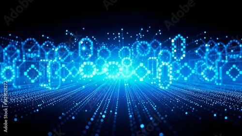 Fototapeta Naklejka Na Ścianę i Meble -  digital geometric network landscape with neon grid line particle in sci-fi virtual hologram holographic matrix